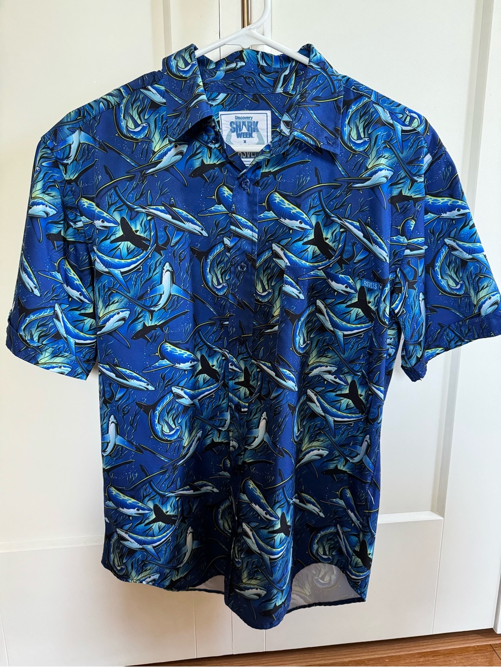 RSVLTS Blue Shark-Print Short-Sleeve Button-Down Shirt